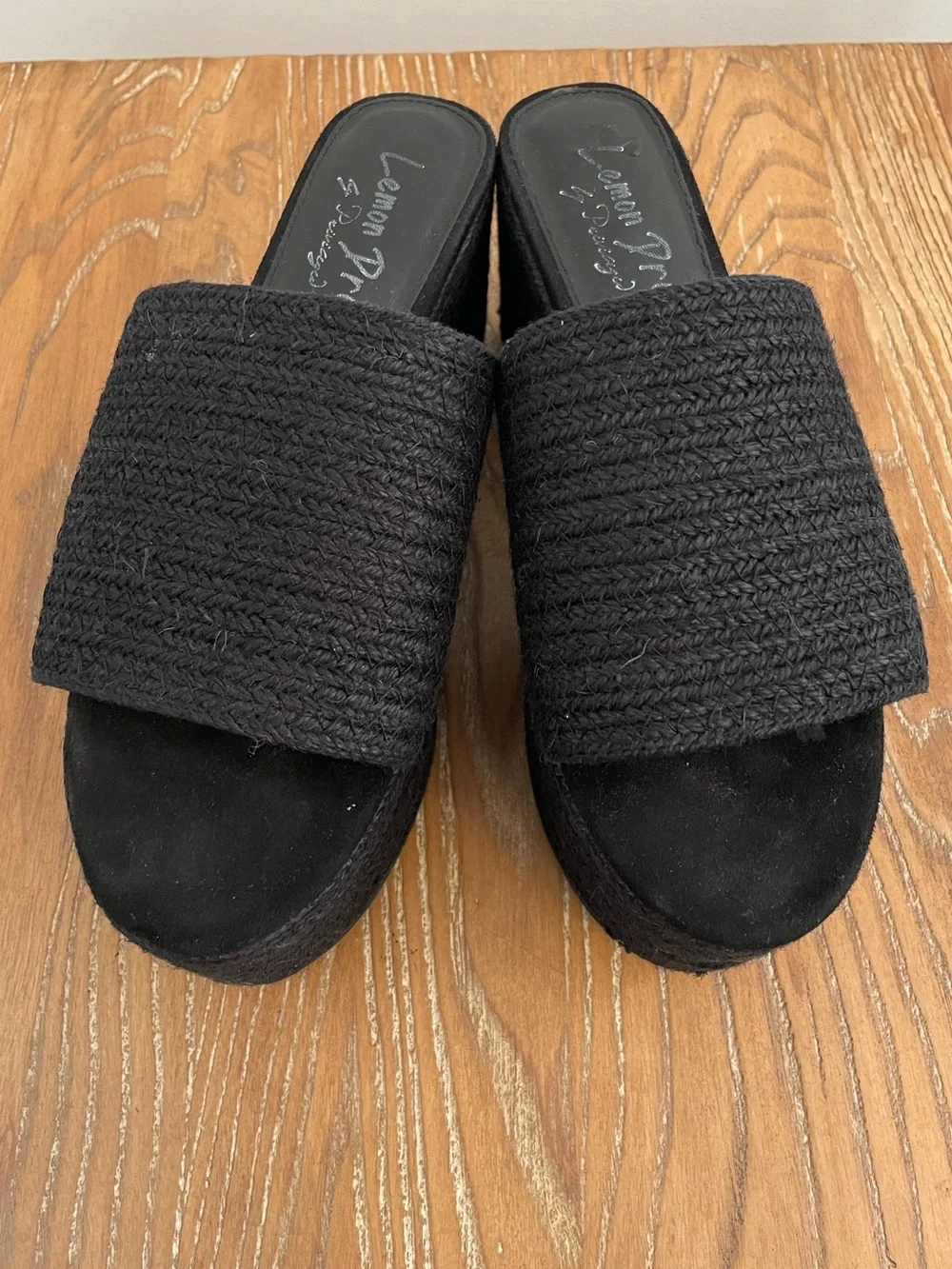 Lemon Drop by Privilege Black Wafa Platform Espadrille Peep Toe Woven Sandals